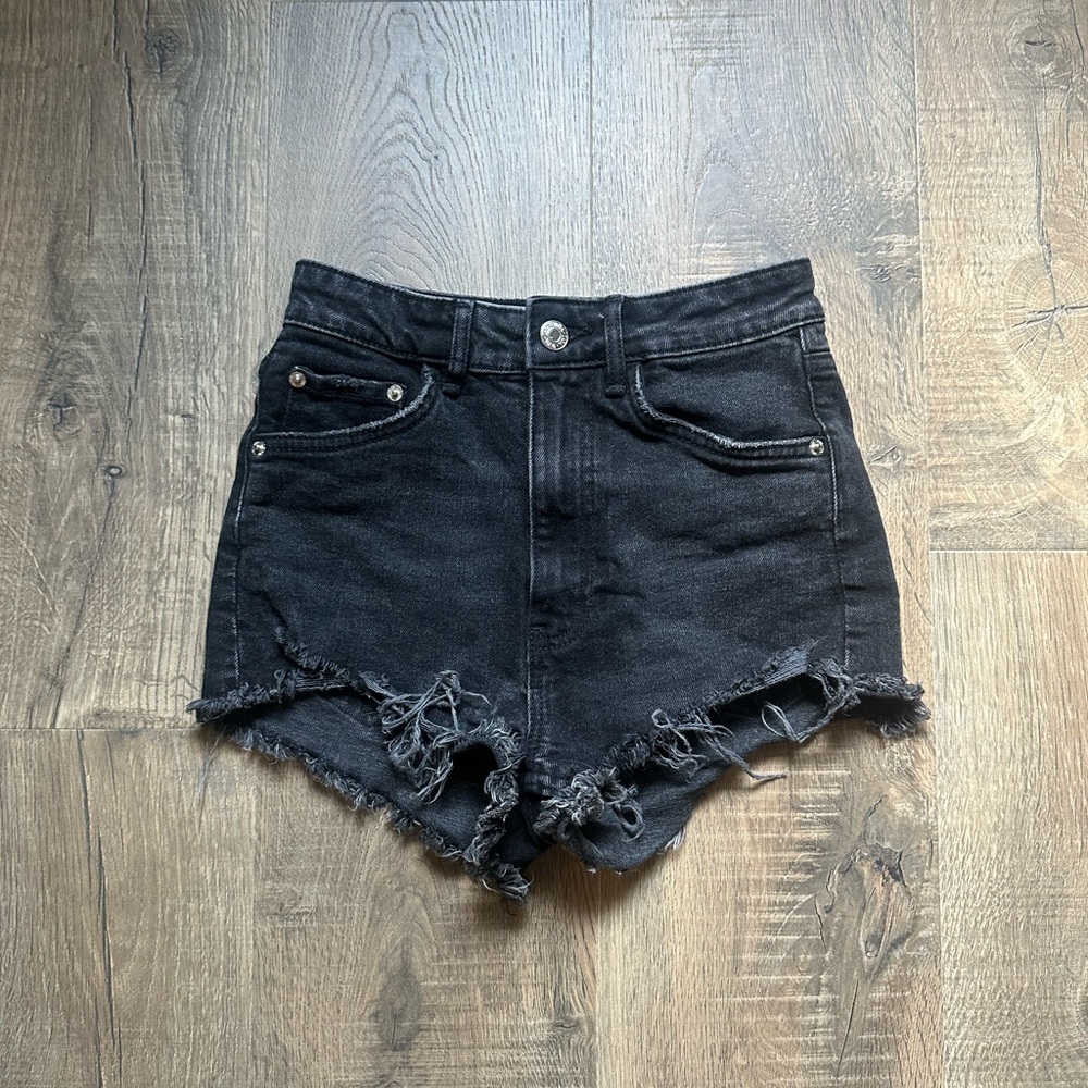 Zara Black Jean Shorts with Distressed Hem